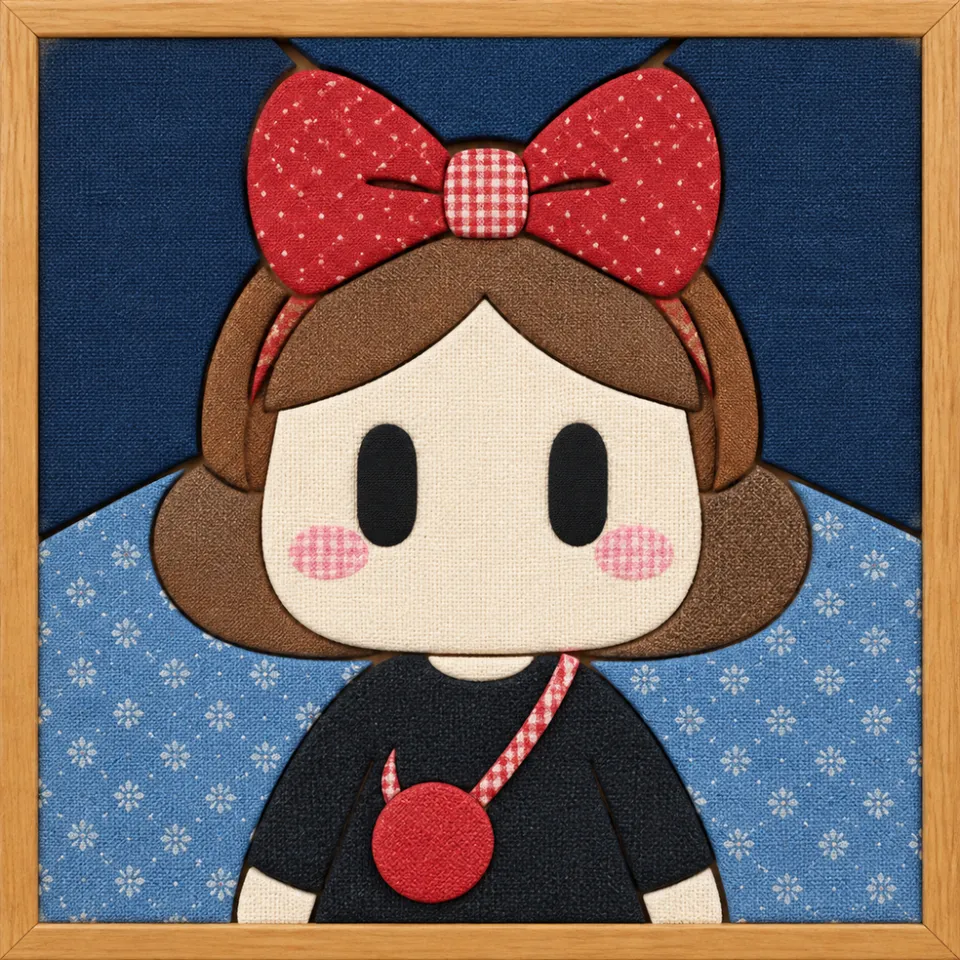 Girl with Red Bow and Pendant — Kinusaiga fabric art design preview