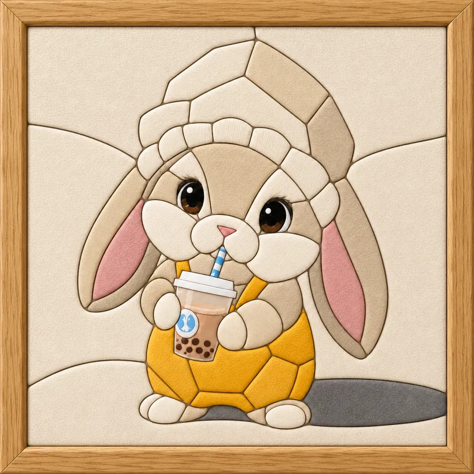 Rabbit Holding Bubble Tea — Kinusaiga fabric art design preview