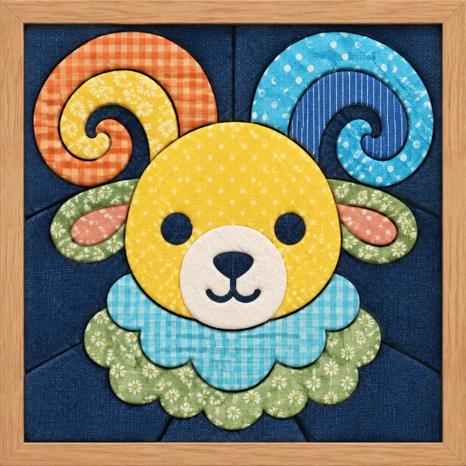 Colorful Ram with Spiral Horns — Kinusaiga fabric art design preview
