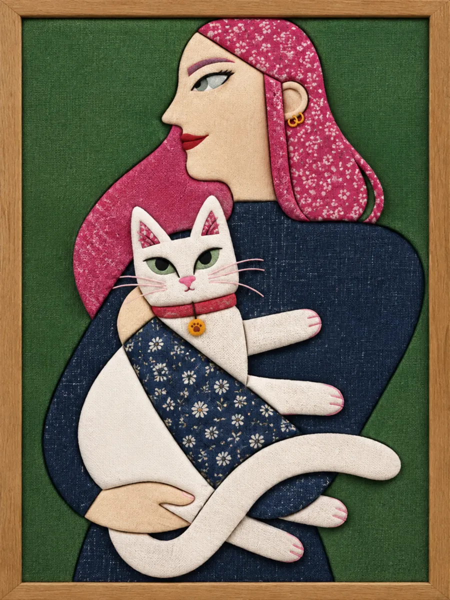 Woman Holding White Cat — Kinusaiga fabric art design preview
