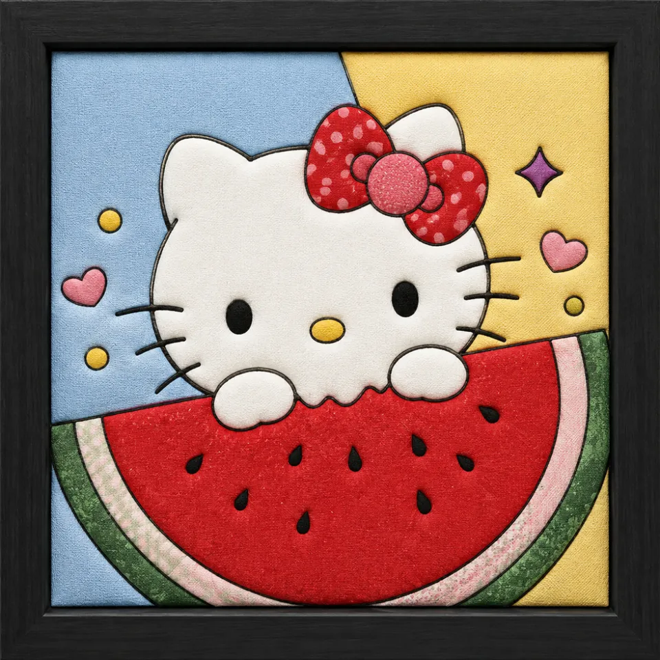 White Cat with Watermelon — Kinusaiga fabric art design preview