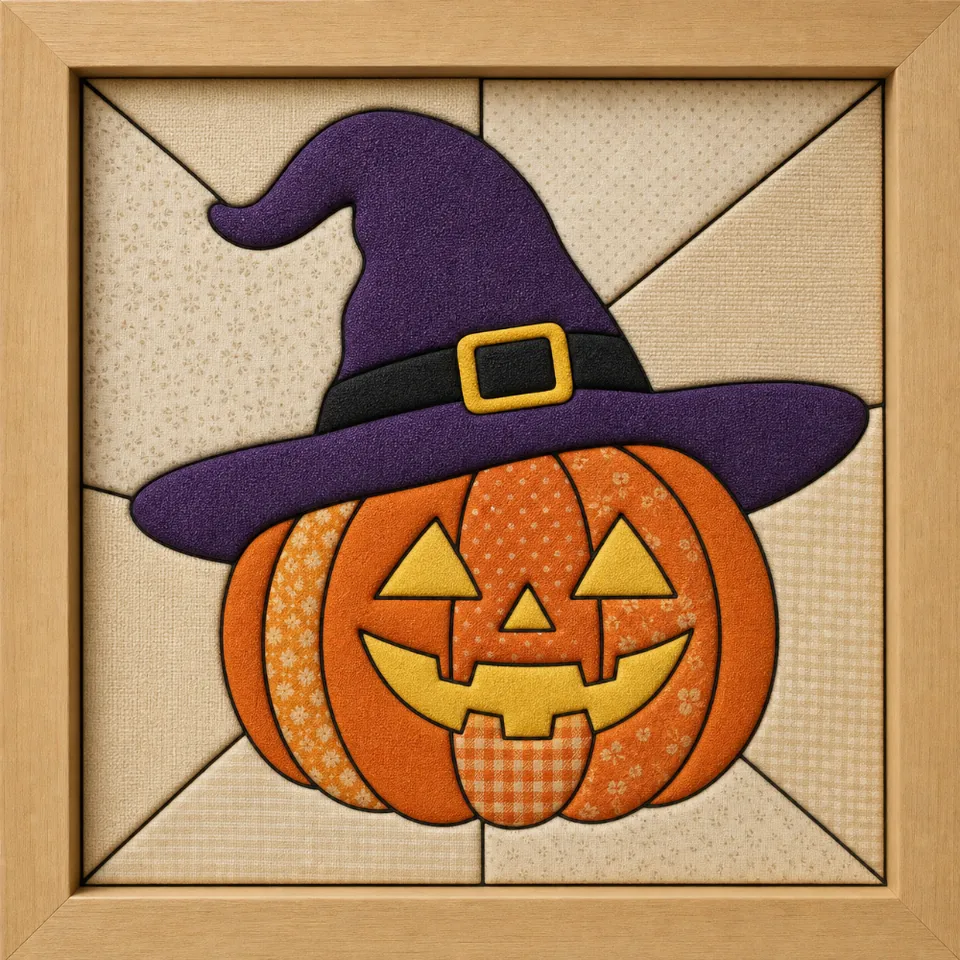 Jack-o-lantern Wearing Witch Hat — Kinusaiga fabric art design preview