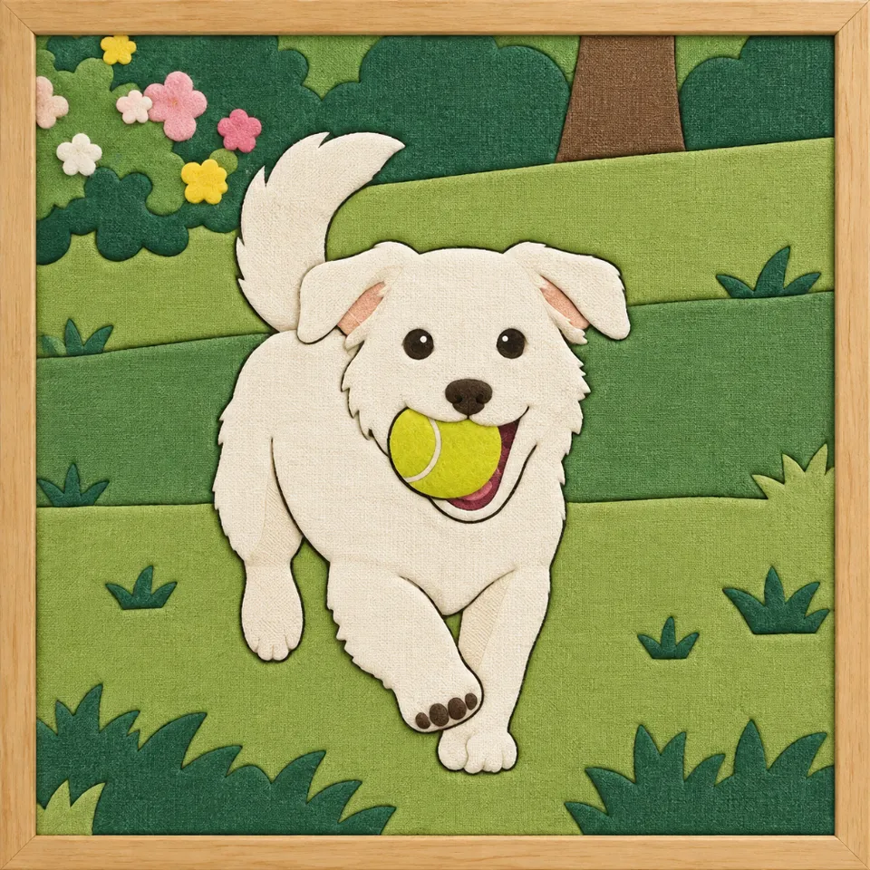 White Puppy with Tennis Ball — Kinusaiga fabric art design preview