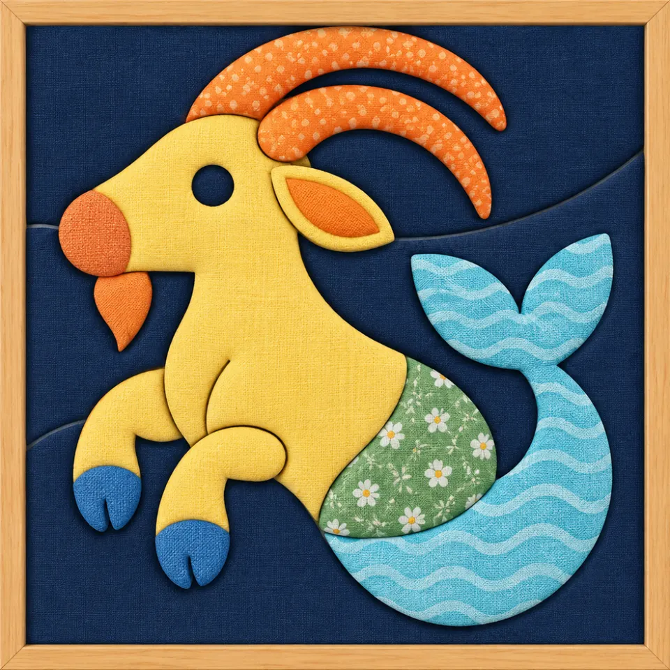 Yellow Goat with Mermaid Tail — Kinusaiga fabric art design preview