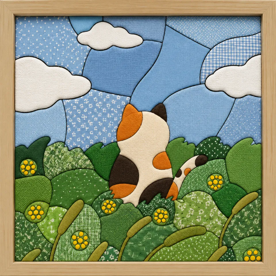 Calico Cat in Garden — Kinusaiga fabric art design preview