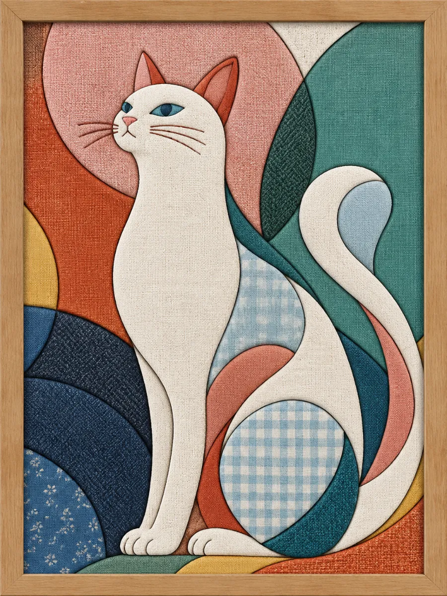 White Cat Sitting — Kinusaiga fabric art design preview