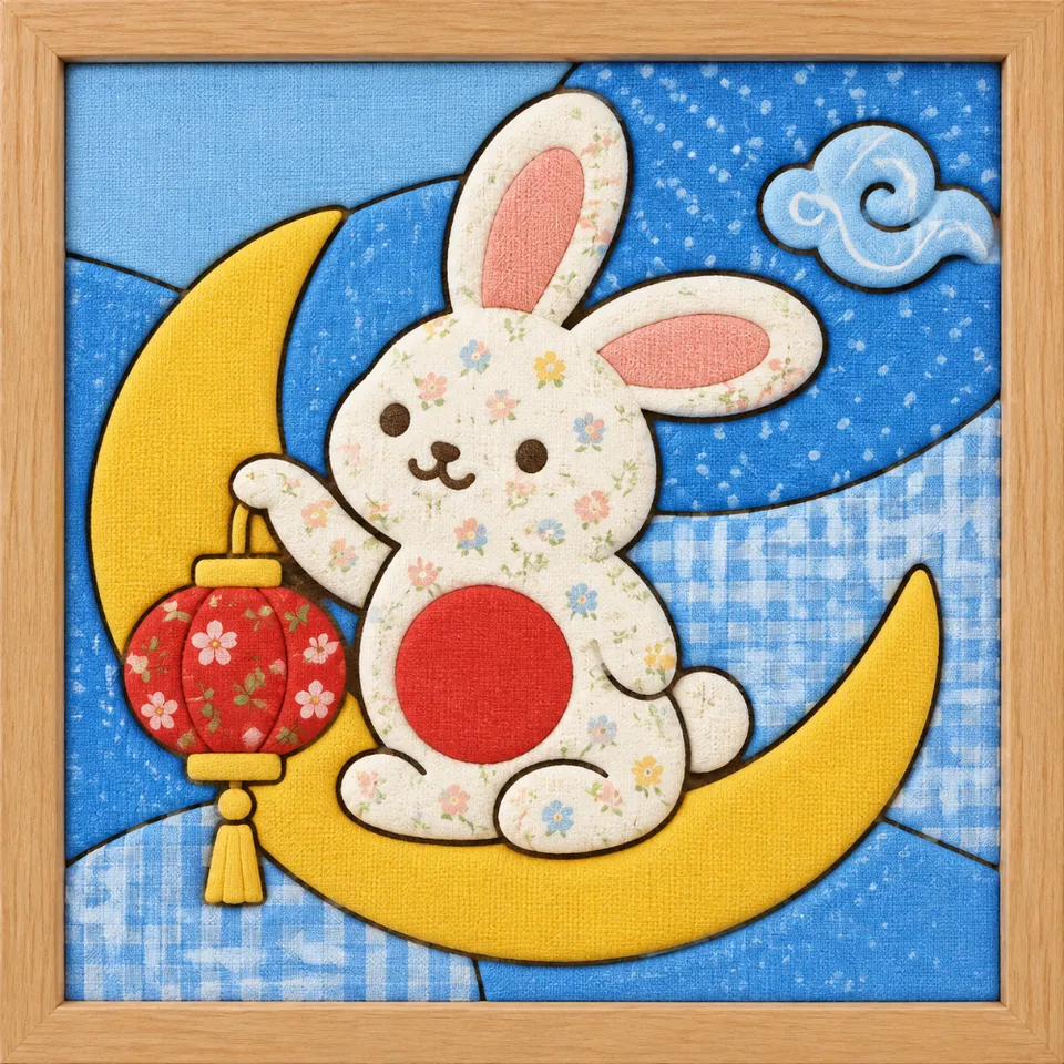 Rabbit on Crescent Moon — Kinusaiga fabric art design preview