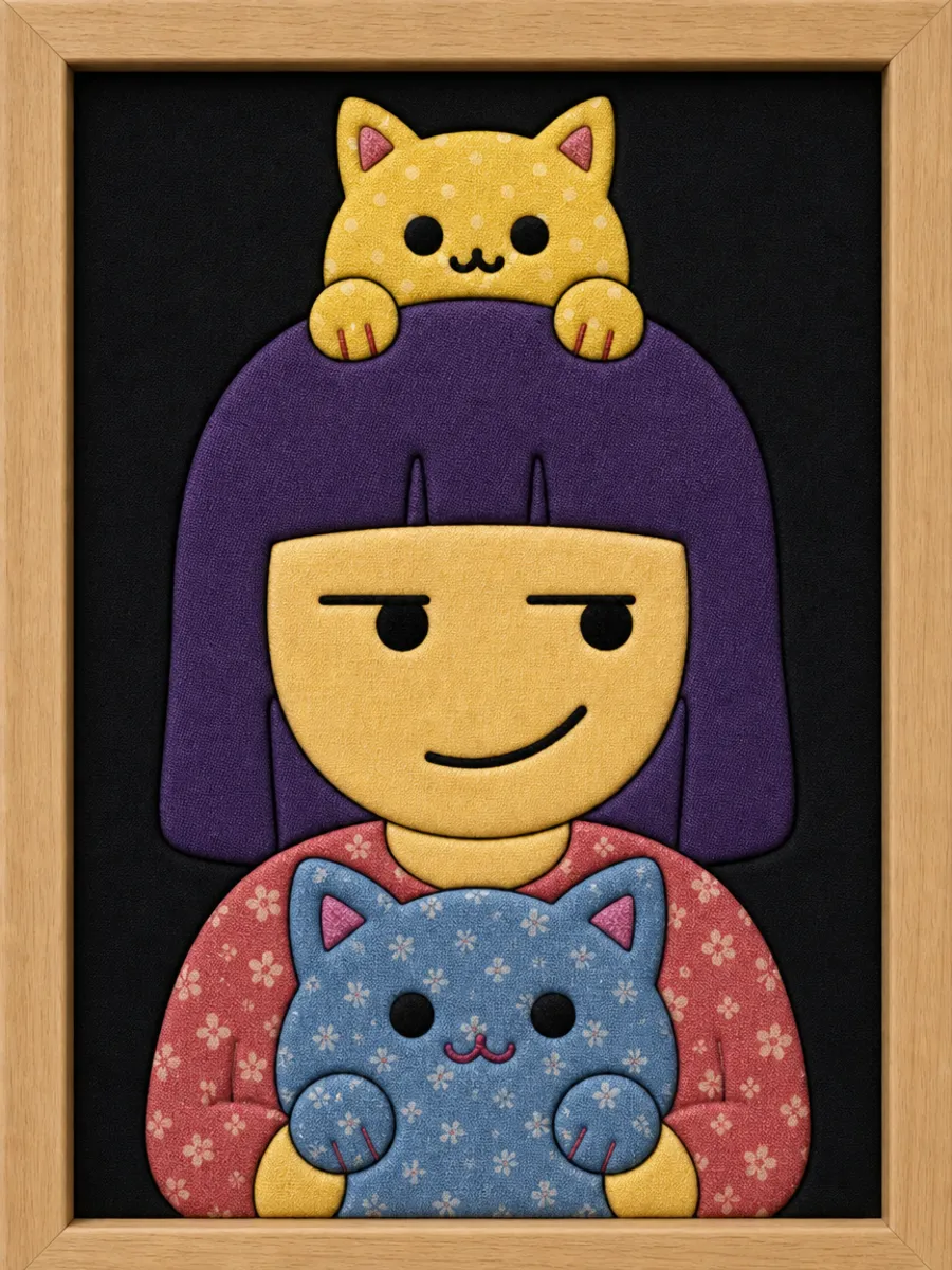 Girl with Two Cats — Kinusaiga fabric art design preview