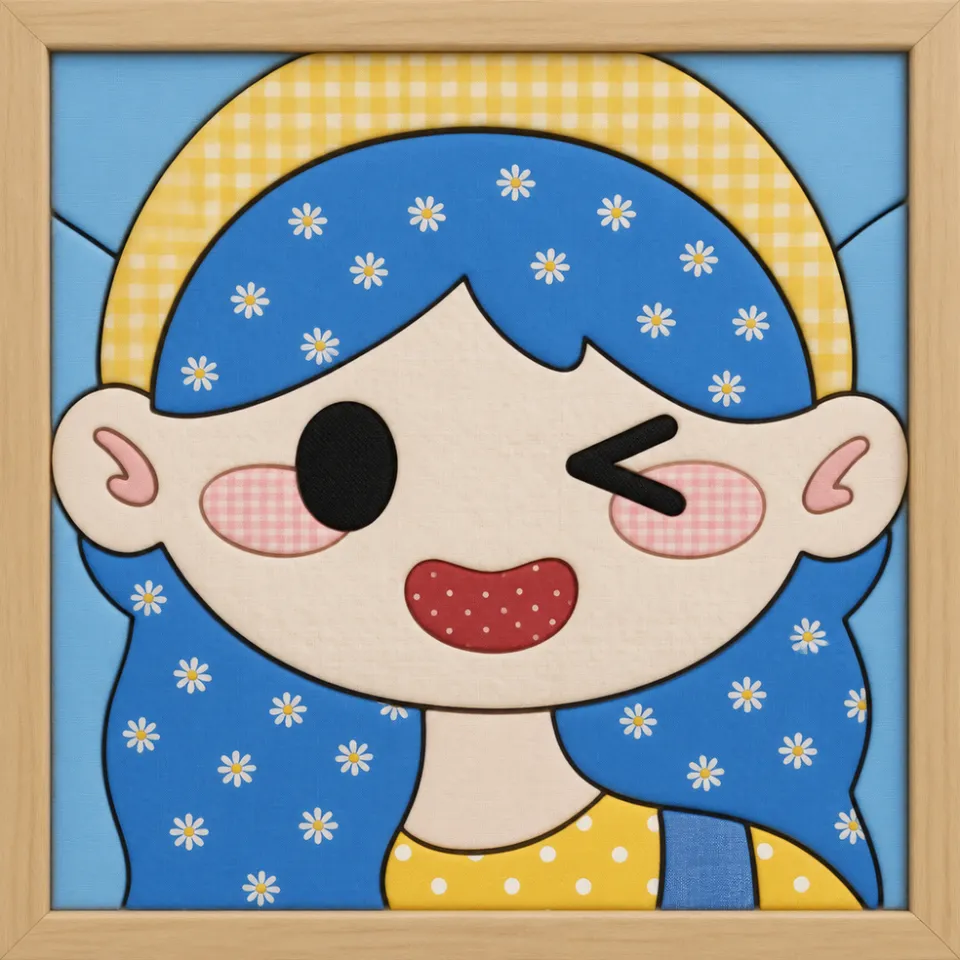 Winking Girl with Blue Hair — Kinusaiga fabric art design preview
