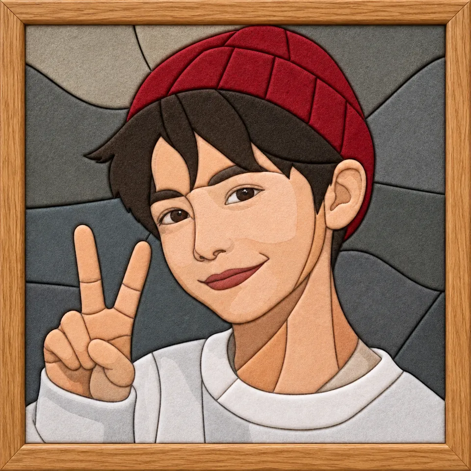 Boy in Red Beanie Making Peace Sign — Kinusaiga fabric art design preview