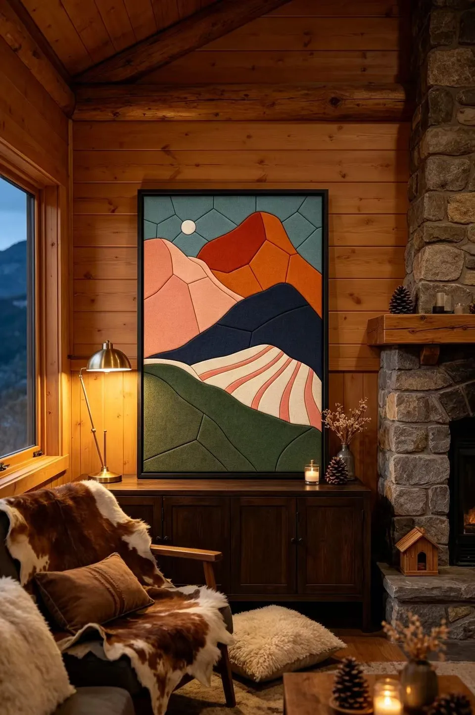 Finished fabric artwork displayed in a framed interior