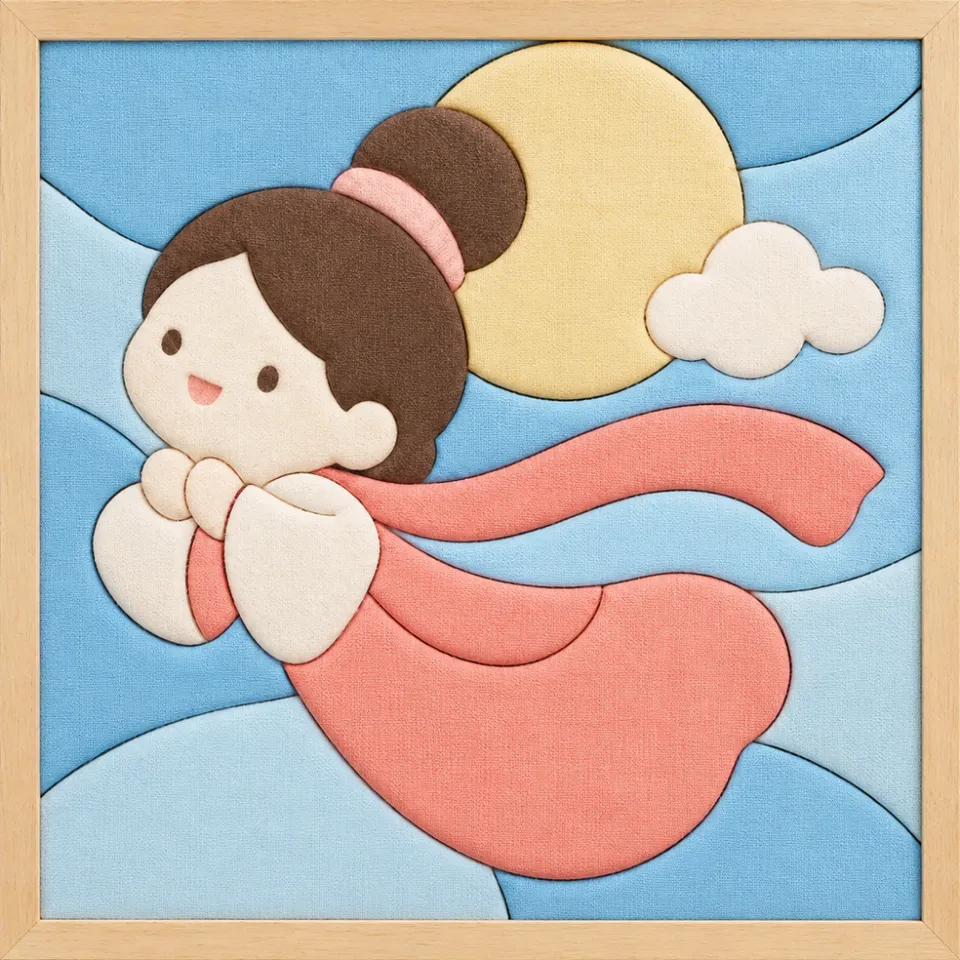 Girl with Moon and Cloud — Kinusaiga fabric art design preview