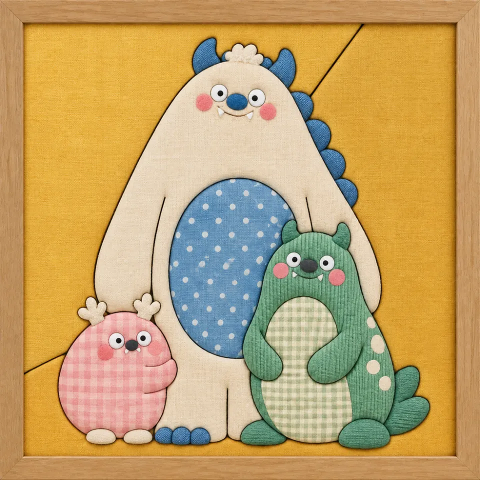 Three Colorful Cartoon Monsters — Kinusaiga fabric art design preview