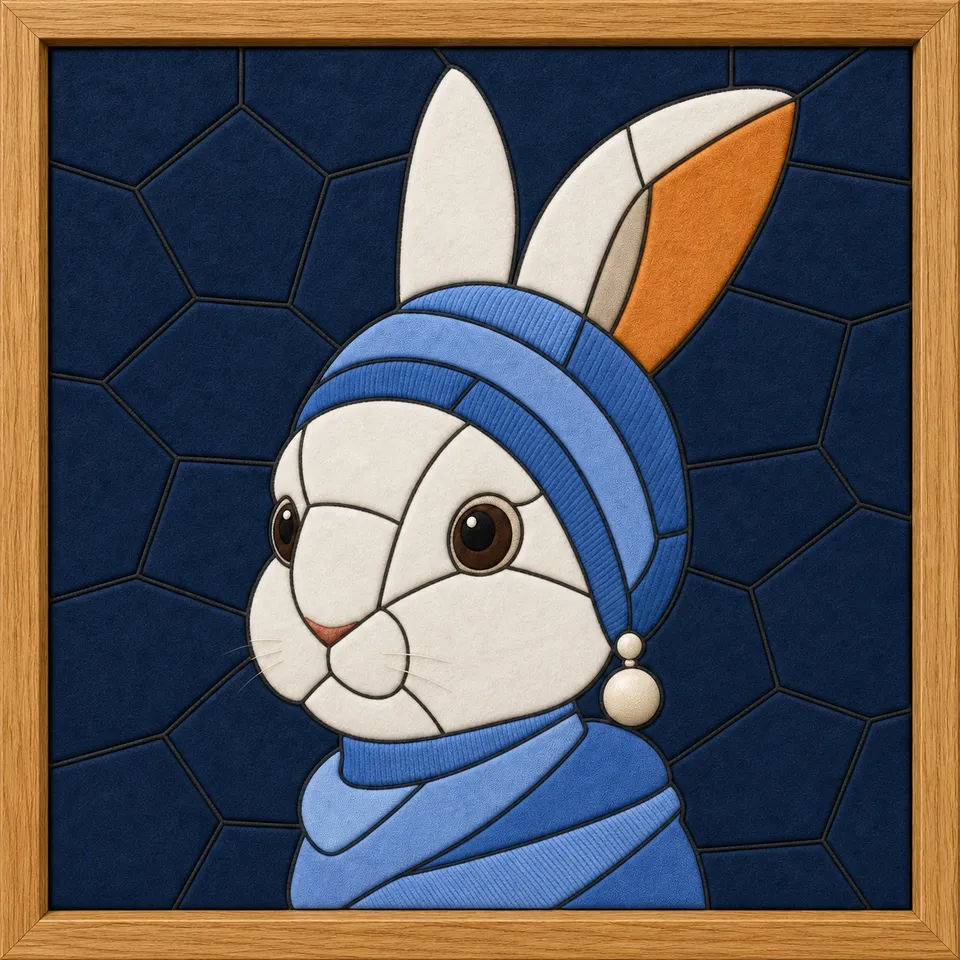 Rabbit with Blue Headwrap and Pearl Earring — Kinusaiga fabric art design preview