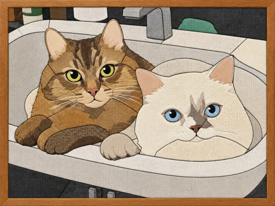 Two Cats in Sink — Kinusaiga fabric art design preview