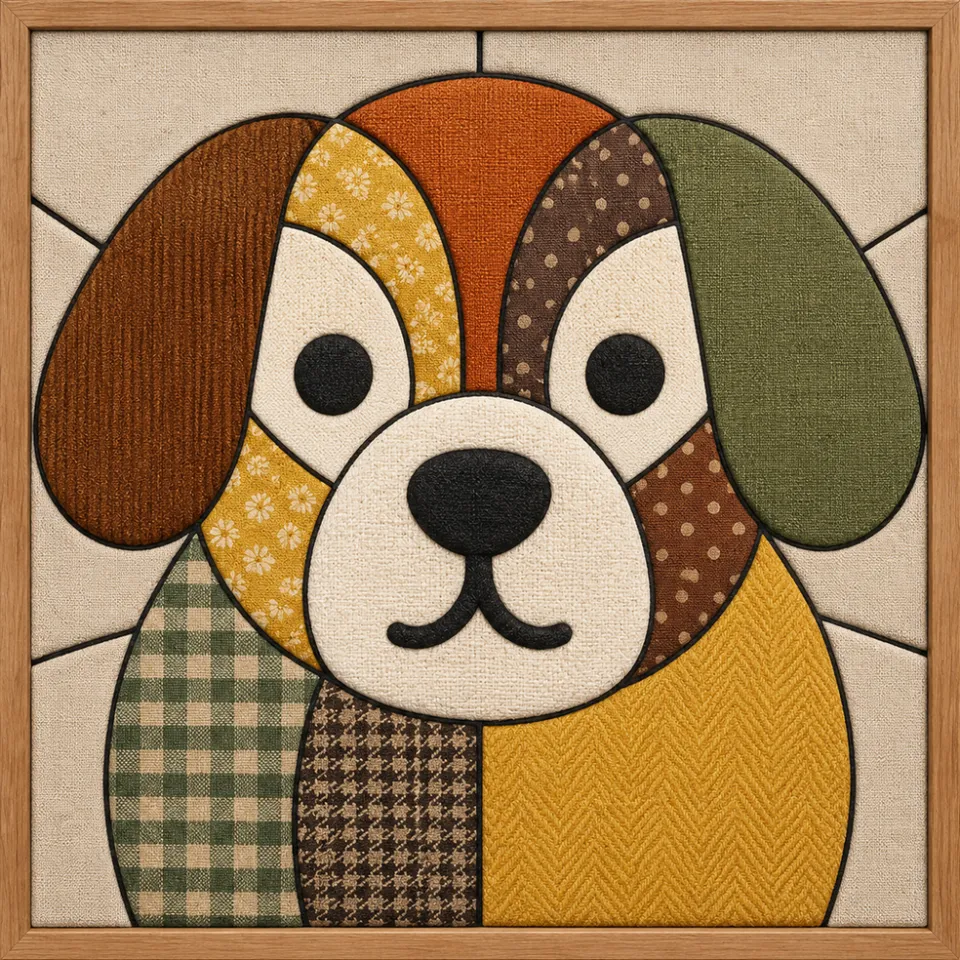 Colorful Patchwork Dog Face — Kinusaiga fabric art design preview