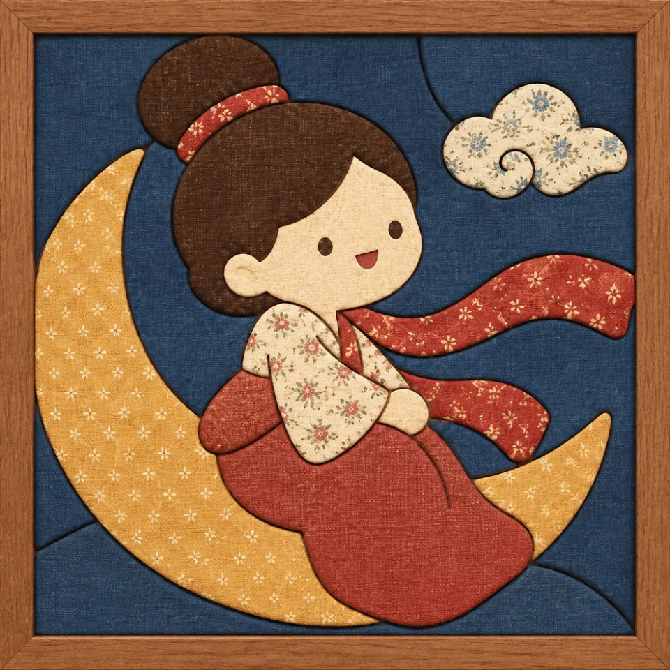 Girl on Crescent Moon — Kinusaiga fabric art design preview