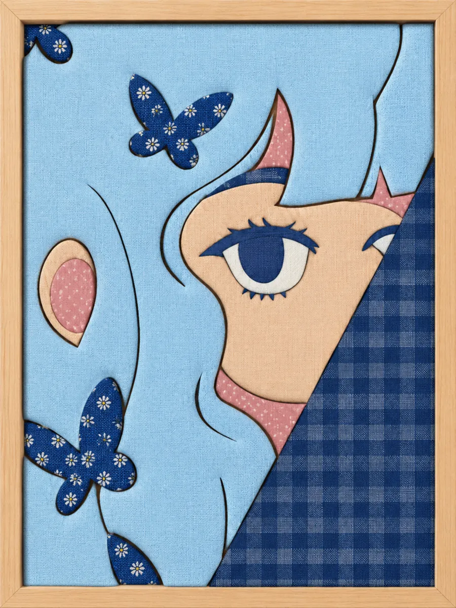 Woman with Blue Butterflies — Kinusaiga fabric art design preview