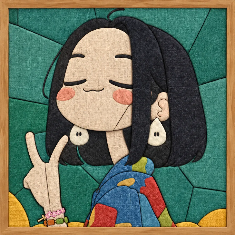 Smiling Girl with Black Hair — Kinusaiga fabric art design preview