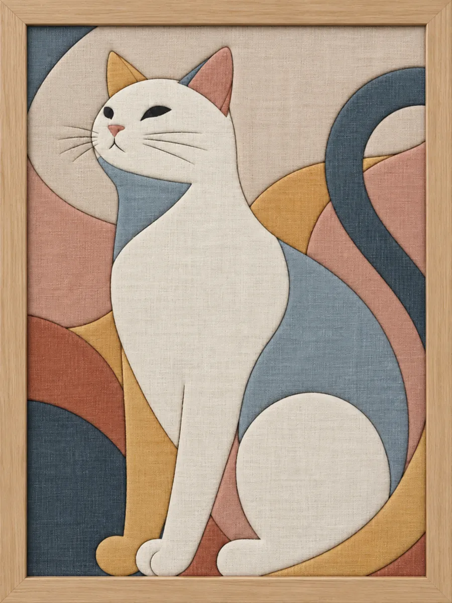 White Cat with Geometric Background — Kinusaiga fabric art design preview
