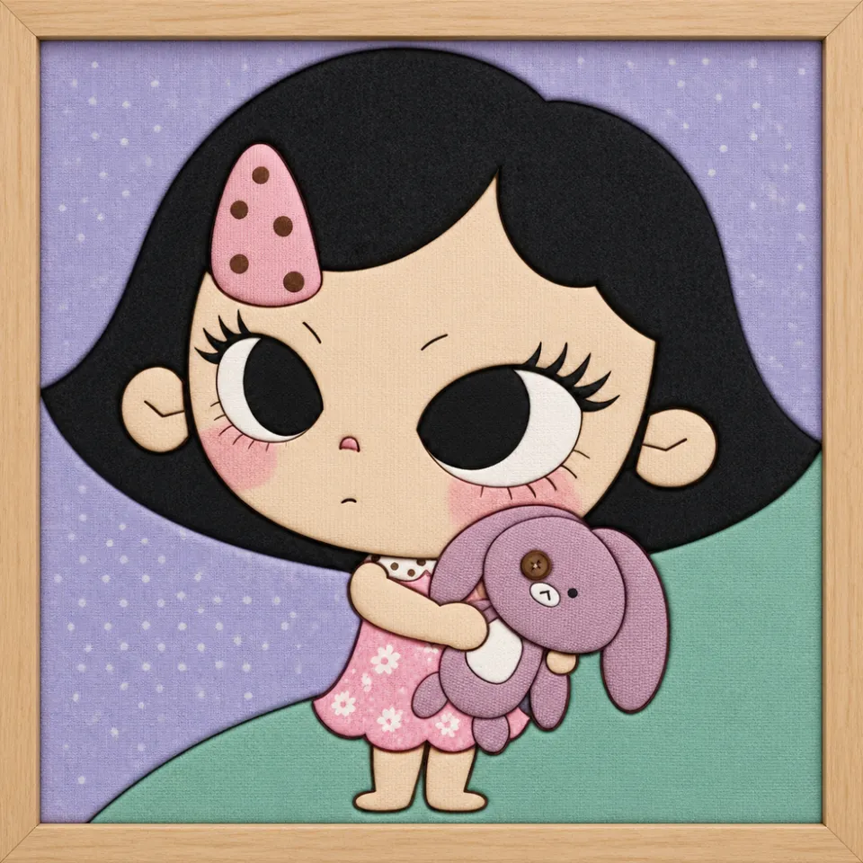 Girl Holding Pink Bunny — Kinusaiga fabric art design preview