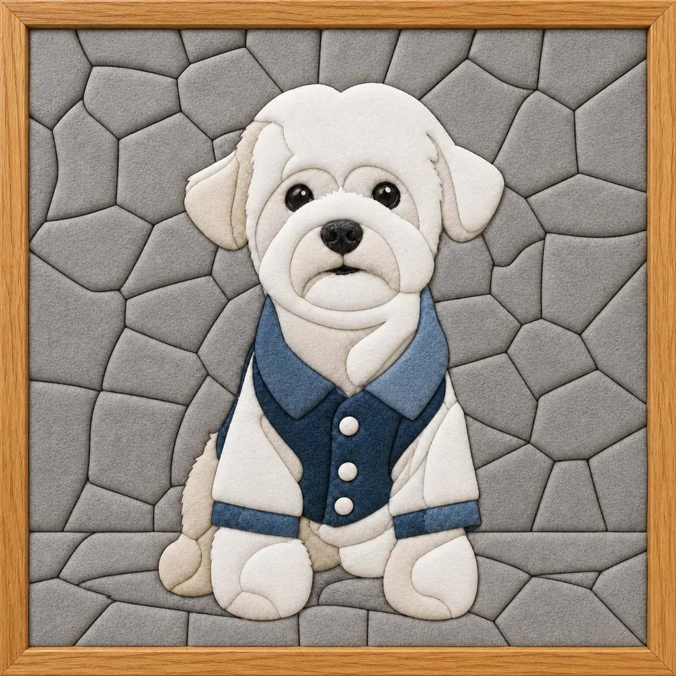 White Dog in Blue Vest — Kinusaiga fabric art design preview
