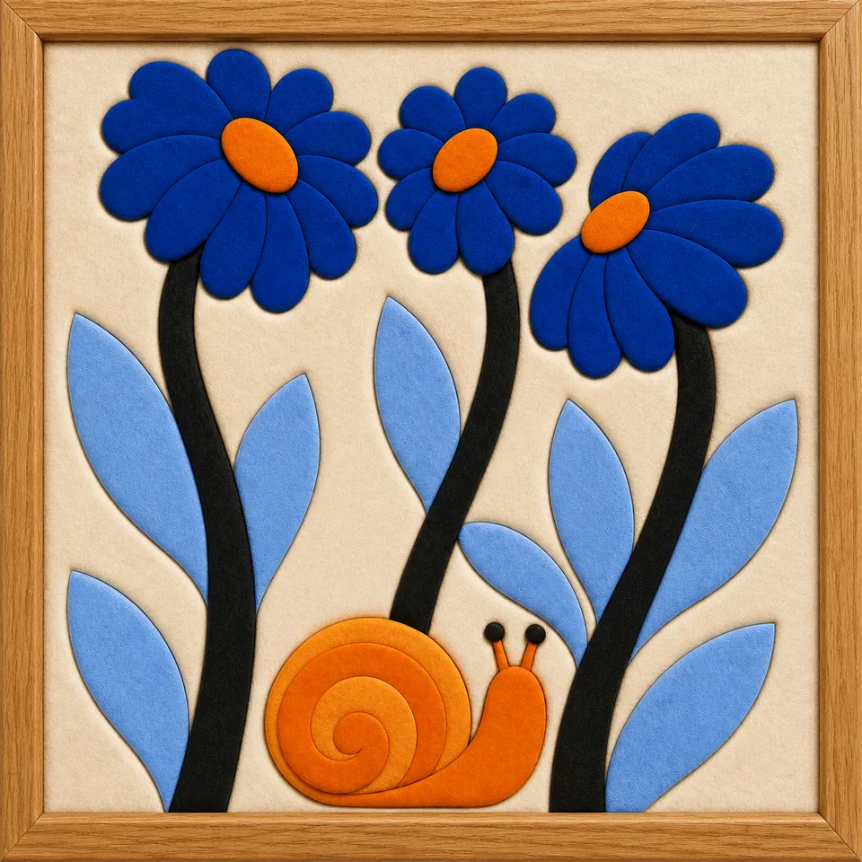 Blue Flowers and Orange Snail — Kinusaiga fabric art design preview