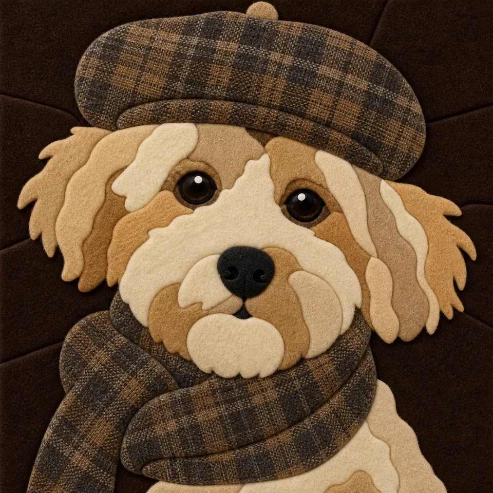 Dog with Plaid Beret and Scarf — Kinusaiga fabric art design preview